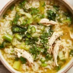 Ginger Chicken and Rice Soup Recipe served in a cozy bowl with bok choy, shredded chicken, jasmine rice, sesame seeds, and fresh herbs