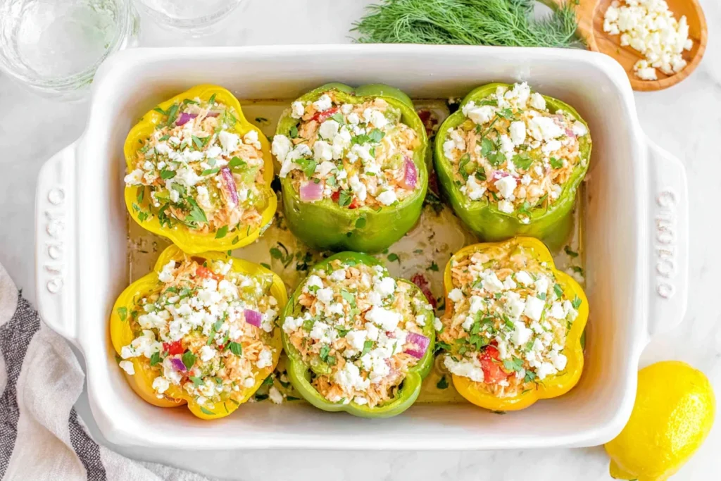 Greek Chicken Stuffed Peppers baked with feta, olives, herbs, and rice in a casserole dish, topped with fresh dill and lemon