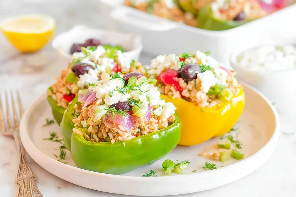 Greek Chicken Stuffed Peppers served on a plate with feta, olives, rice, and fresh herbs, garnished with dill and lemon