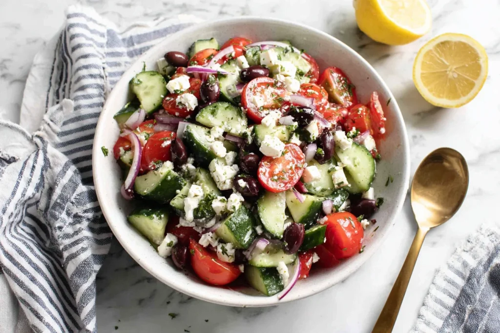 Greek Cucumber Salad tossed with lemon vinaigrette, feta cheese, olives, and fresh vegetables