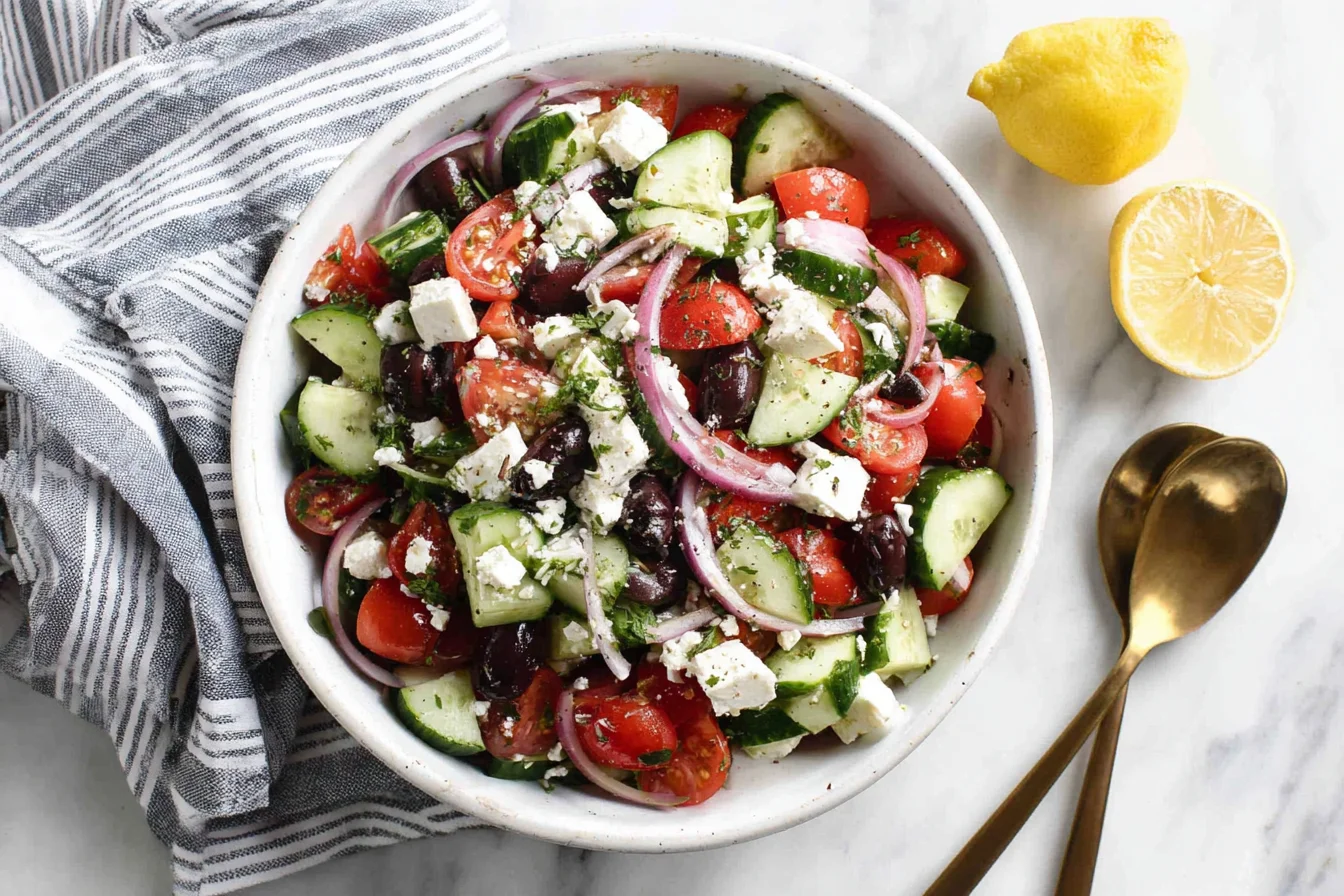 Greek Cucumber Salad with feta, olives, tomatoes, and red onions in a white bowl