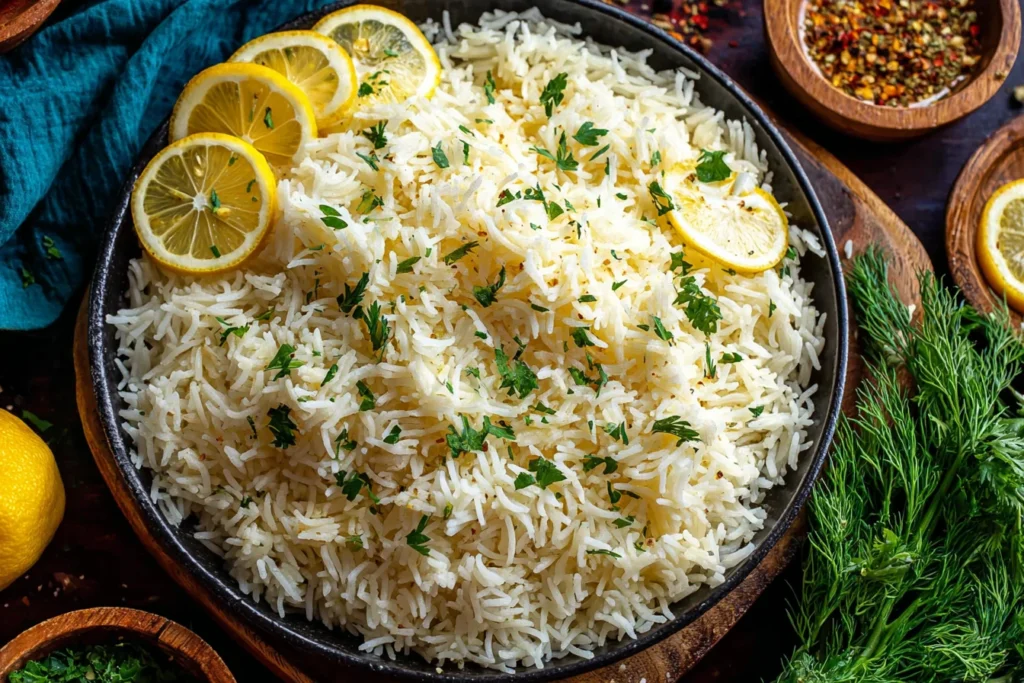 Greek Lemon Rice served fluffy with fresh herbs and lemon slices in a bowl