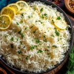 Greek Lemon Rice served fluffy with fresh herbs and lemon slices in a bowl