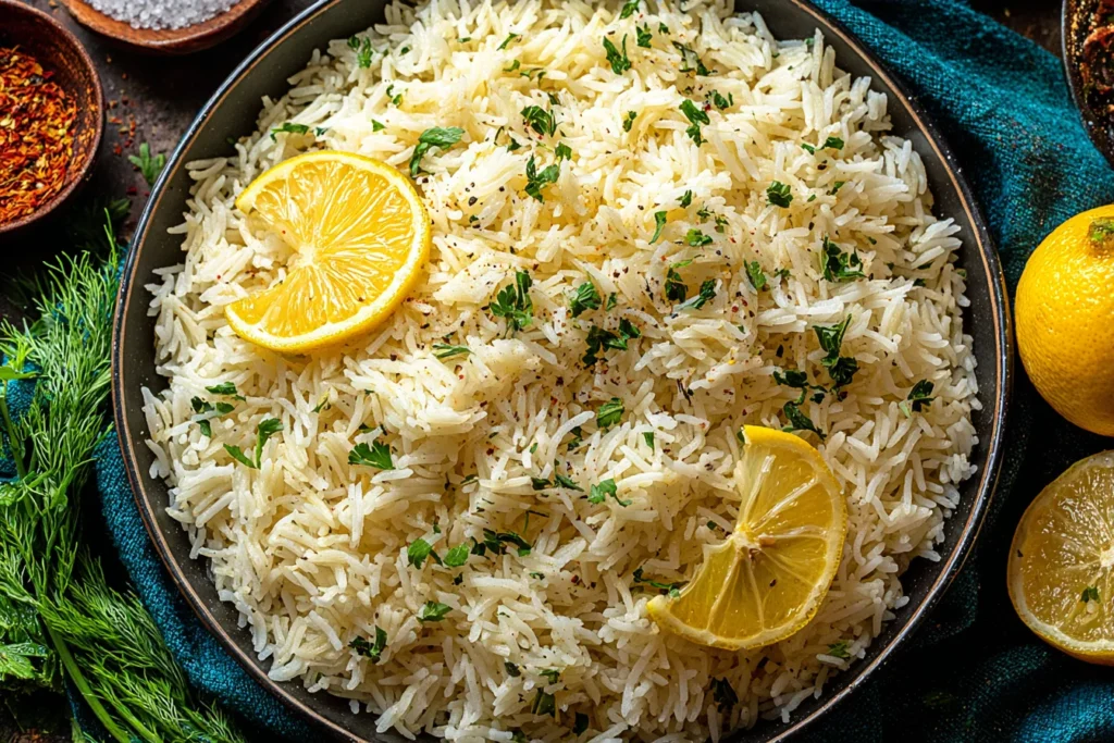 Greek Lemon Rice garnished with lemon wedges and herbs in a rustic bowl