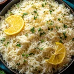 Greek Lemon Rice garnished with lemon wedges and herbs in a rustic bowl