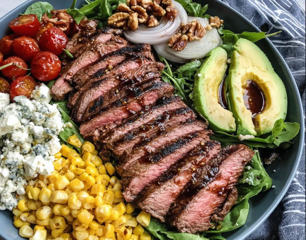 Grilled Balsamic Steak Salad Recipe with grilled steak, cherry tomatoes, walnuts, avocado, and blue cheese
