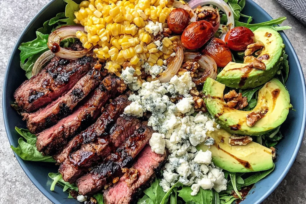 Grilled Balsamic Steak Salad Recipe with sliced steak, grilled corn, avocado, onions, and Gorgonzola cheese