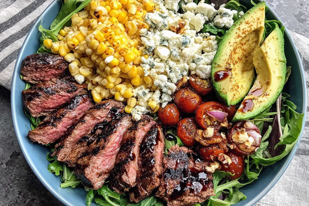 Grilled Balsamic Steak Salad Recipe with sliced steak, grilled corn, avocado, and Gorgonzola cheese