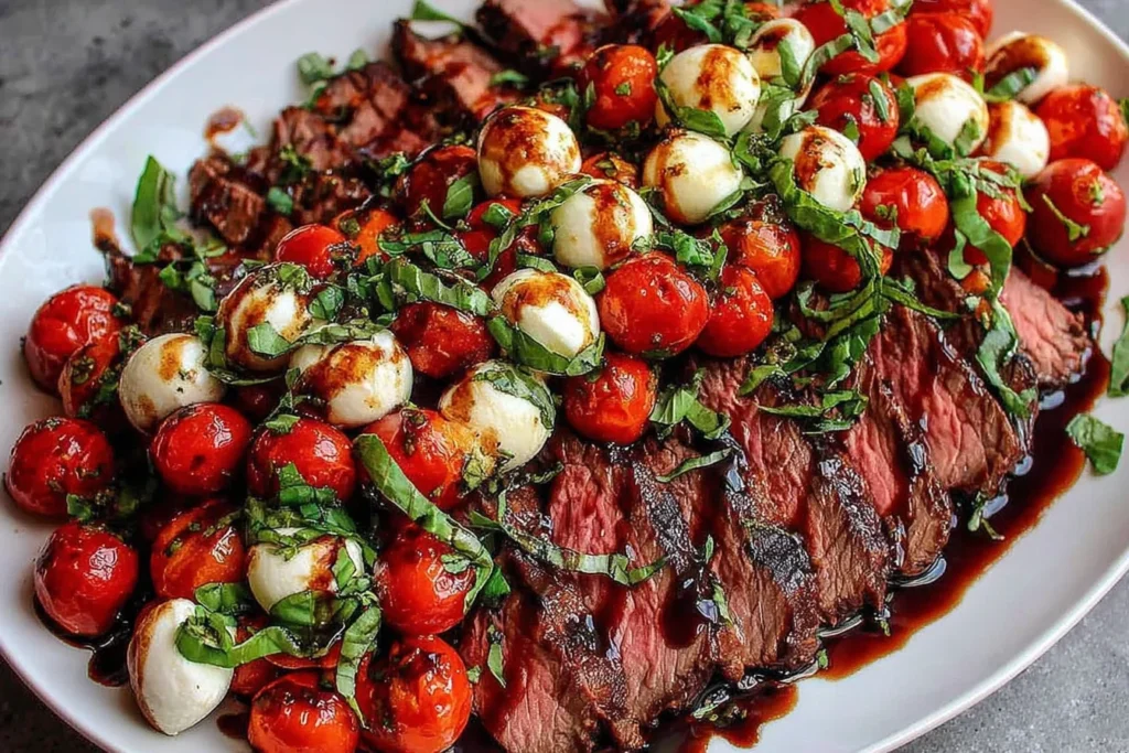 Close-up of Grilled Flank Steak Caprese with sliced steak, mozzarella pearls, basil, and balsamic drizzle