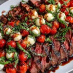 Close-up of Grilled Flank Steak Caprese with sliced steak, mozzarella pearls, basil, and balsamic drizzle