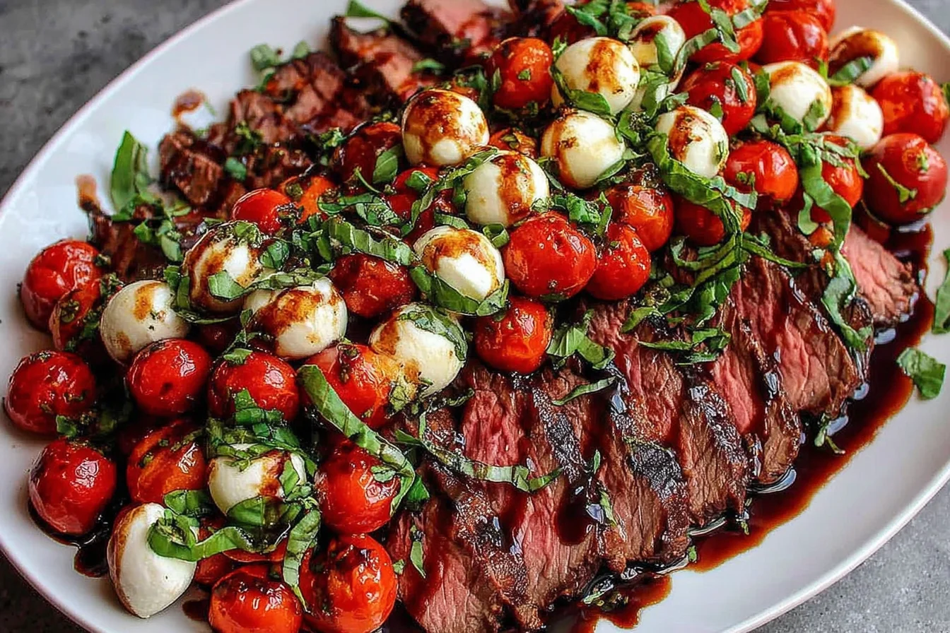 Close-up of Grilled Flank Steak Caprese with sliced steak, mozzarella pearls, basil, and balsamic drizzle