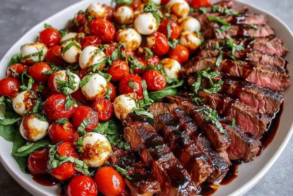 Grilled Flank Steak Caprese with balsamic glaze, cherry tomatoes, mozzarella balls, and fresh basil on a serving platter