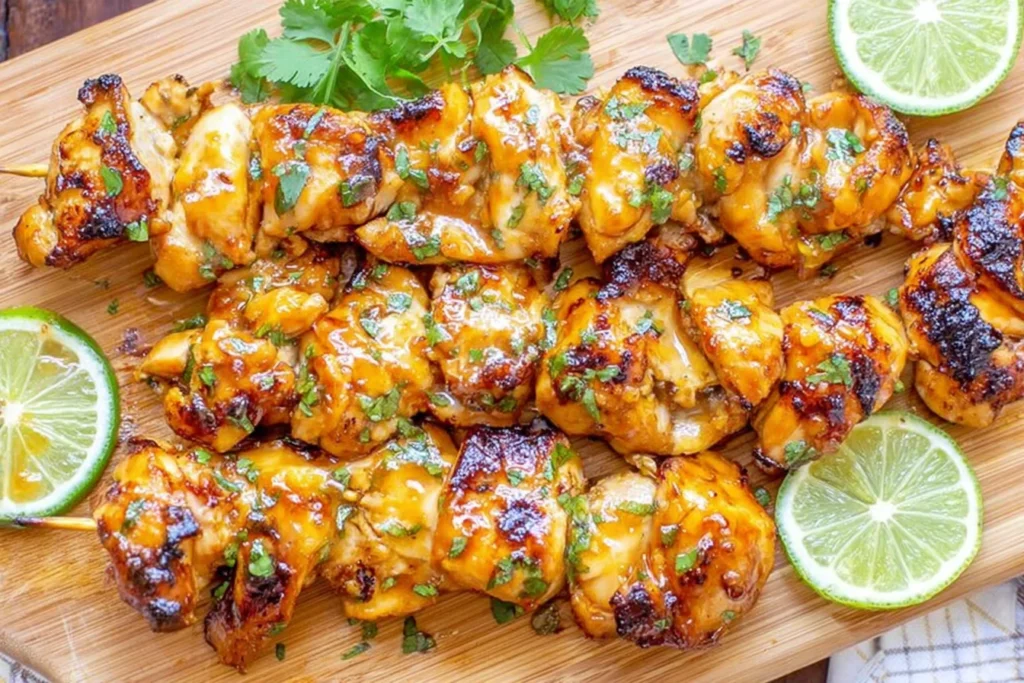 Spicy Honey-Lime Chicken skewers grilled to perfection with a sticky glaze, garnished with fresh cilantro and lime slices