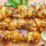 Spicy Honey-Lime Chicken skewers grilled to perfection with a sticky glaze, garnished with fresh cilantro and lime slices