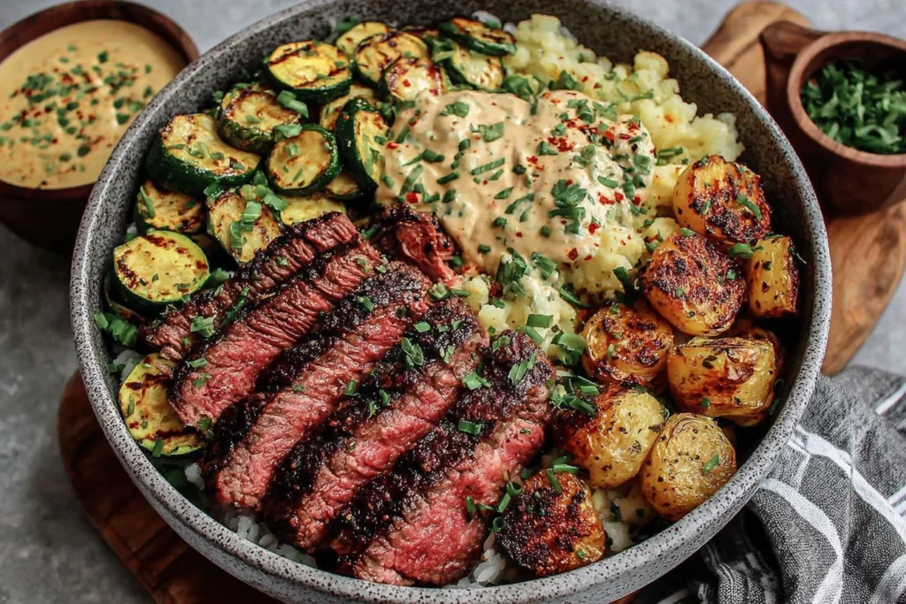 Grilled Steak Bowl with grilled zucchini, crispy potatoes, and creamy sauce