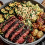 Grilled Steak Bowl with grilled zucchini, crispy potatoes, and creamy sauce