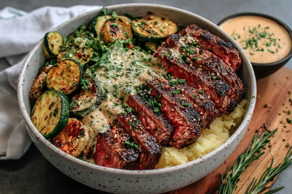 Grilled Steak Bowl with creamy herb sauce, grilled zucchini, and mashed potatoes