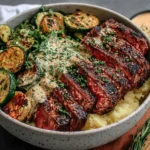 Grilled Steak Bowl with creamy herb sauce, grilled zucchini, and mashed potatoes