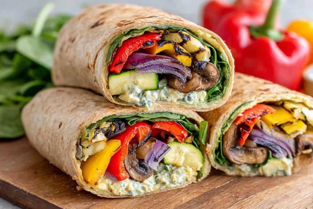 Grilled Veggie Wraps Recipe stacked on a wooden board with grilled peppers, zucchini, mushrooms, and spinach