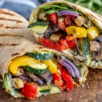Grilled Veggie Wraps Recipe with zucchini, mushrooms, peppers, and spinach in toasted tortillas