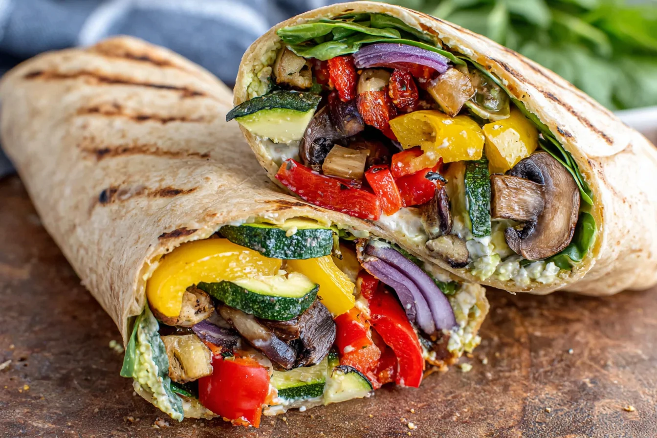 Grilled Veggie Wraps Recipe with zucchini, mushrooms, peppers, and spinach in toasted tortillas