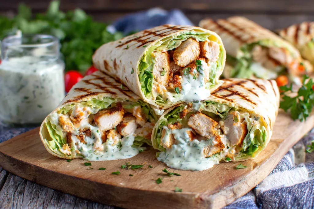 Healthy grilled chicken ranch wraps with lettuce and ranch sauce served on a wooden board