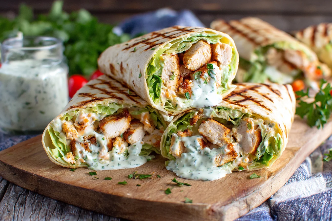 Healthy grilled chicken ranch wraps with lettuce and ranch sauce served on a wooden board