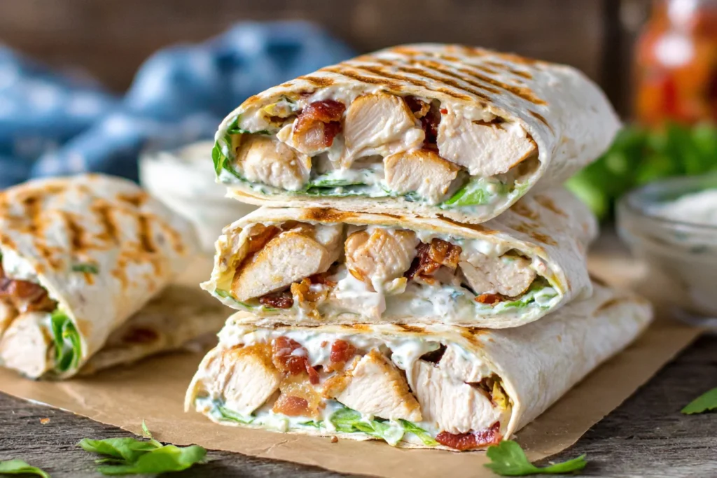Healthy grilled chicken ranch wraps stacked with crispy tortilla, juicy chicken, and creamy ranch