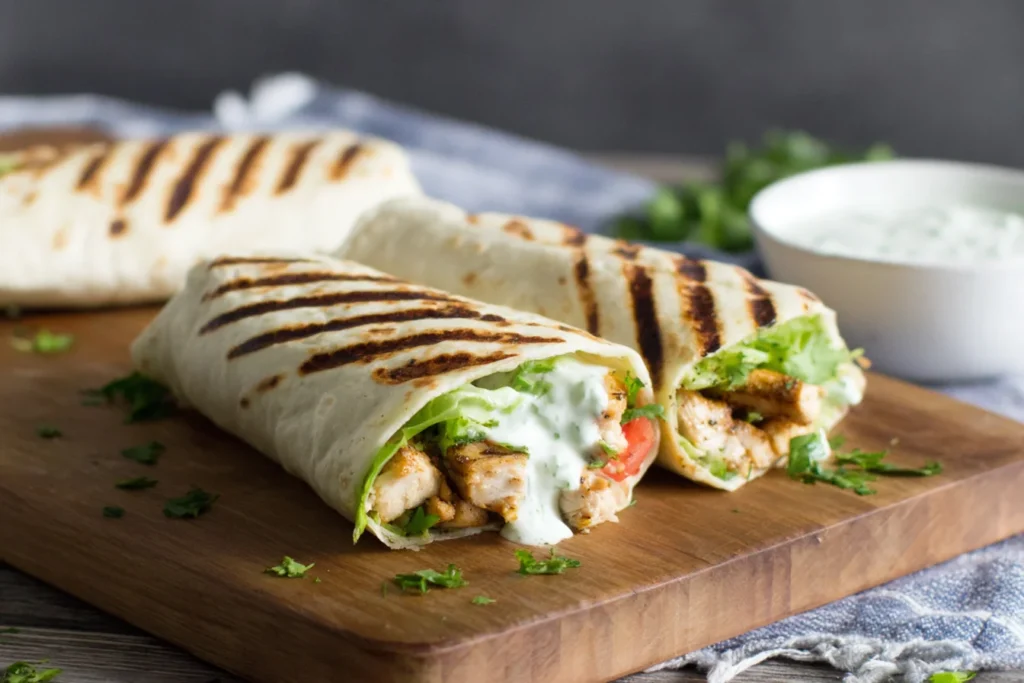Healthy grilled chicken ranch wraps sliced open with fresh veggies and creamy ranch dressing