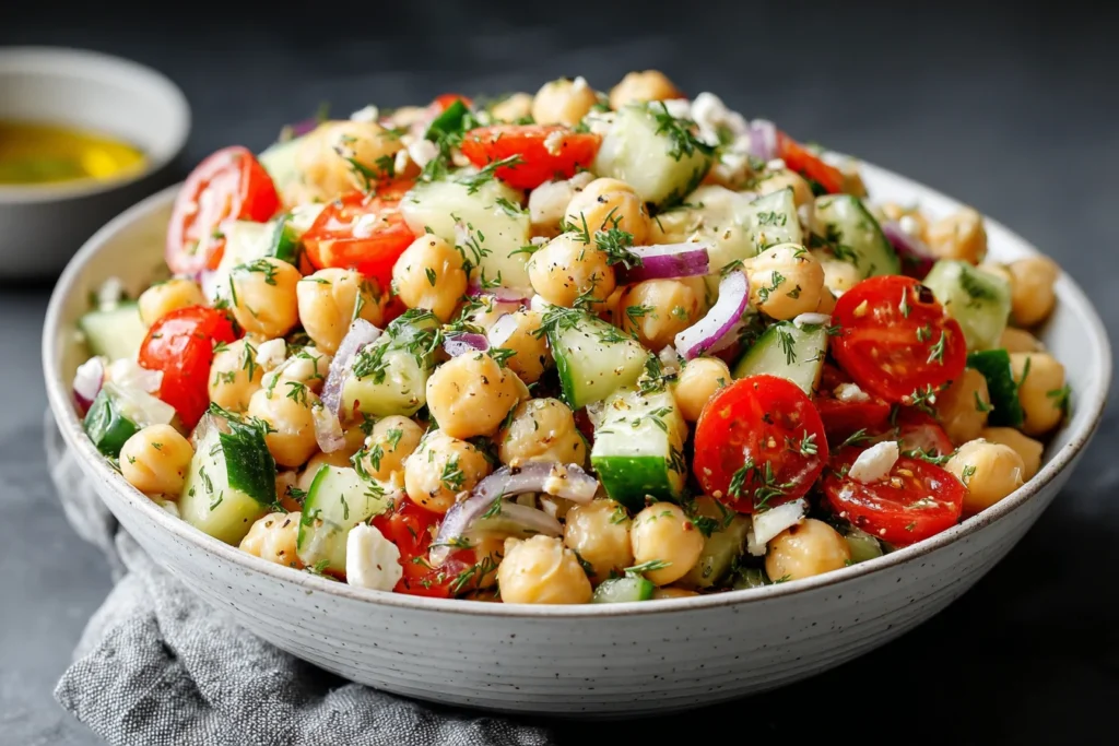 High Protein Chickpea Salad with cucumbers, cherry tomatoes, and fresh herbs in a white bowl