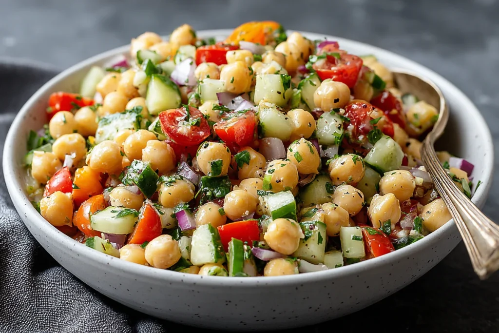 High Protein Chickpea Salad served with fresh cucumber, tomatoes, and red onion in a ceramic bowl