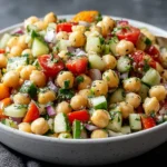 High Protein Chickpea Salad served with fresh cucumber, tomatoes, and red onion in a ceramic bowl