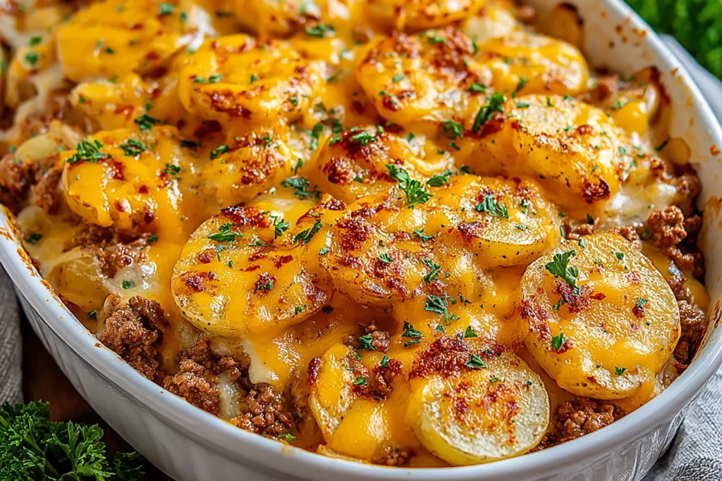 Golden baked Hobo Casserole Ground Beef Recipe topped with crispy cheese and sliced potatoes
