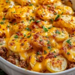 Golden baked Hobo Casserole Ground Beef Recipe topped with crispy cheese and sliced potatoes