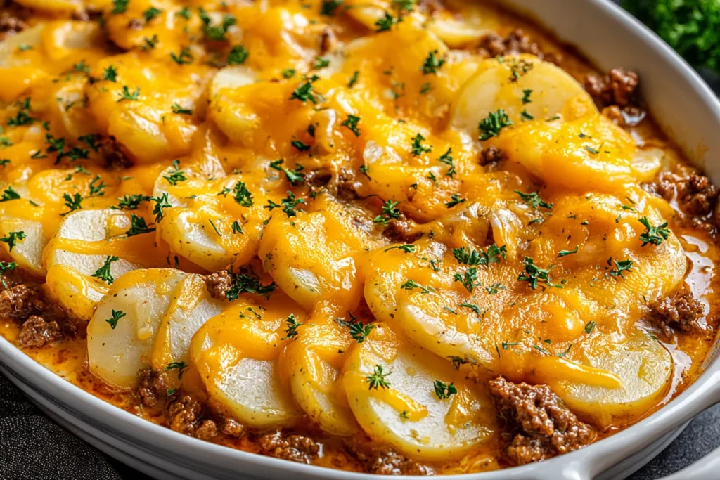 Hobo Casserole Ground Beef Recipe with cheesy potatoes and seasoned beef fresh from the oven