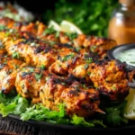Indian Tandoori Chicken Tikka Kebab Skewers served with yogurt sauce, fresh cilantro, and lemon wedges