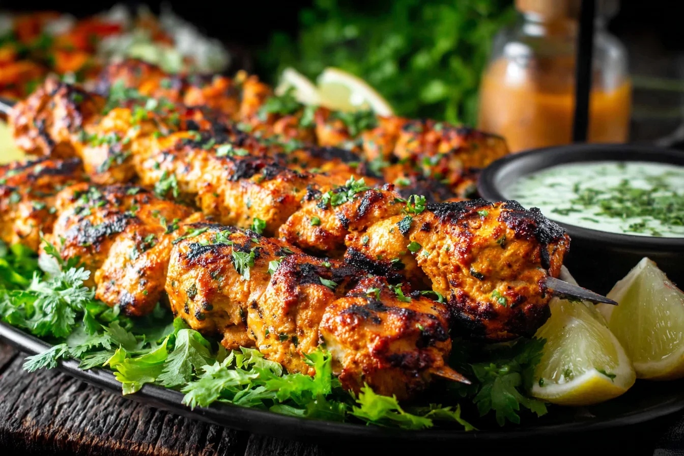 Indian Tandoori Chicken Tikka Kebab Skewers served with yogurt sauce, fresh cilantro, and lemon wedges