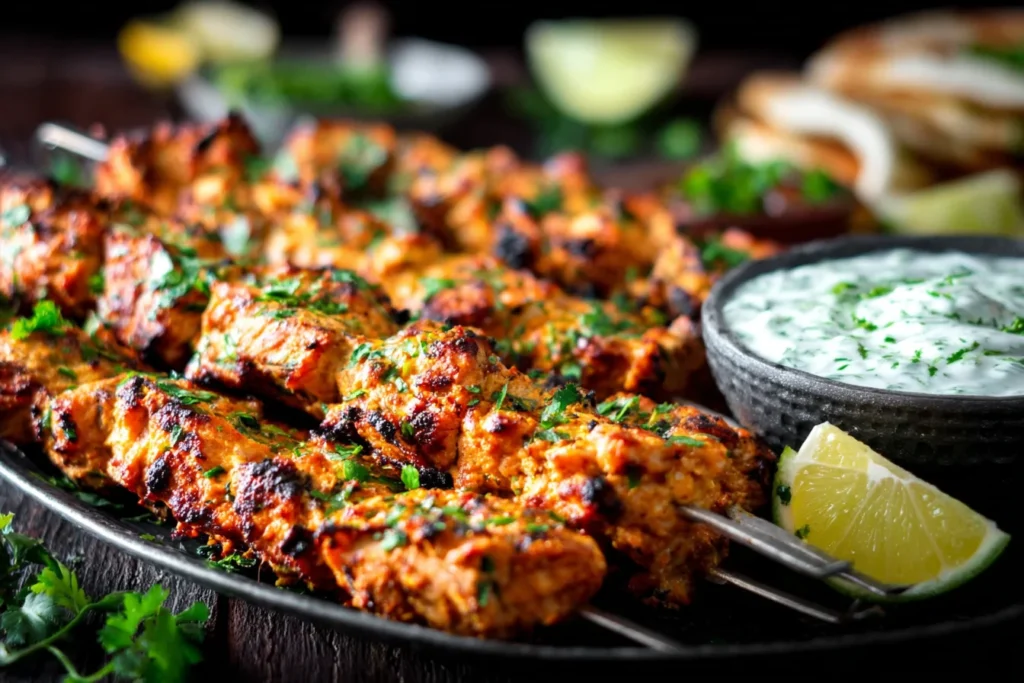 Indian Tandoori Chicken Tikka Kebab Skewers with charred edges and creamy herb dip
