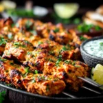 Indian Tandoori Chicken Tikka Kebab Skewers with charred edges and creamy herb dip