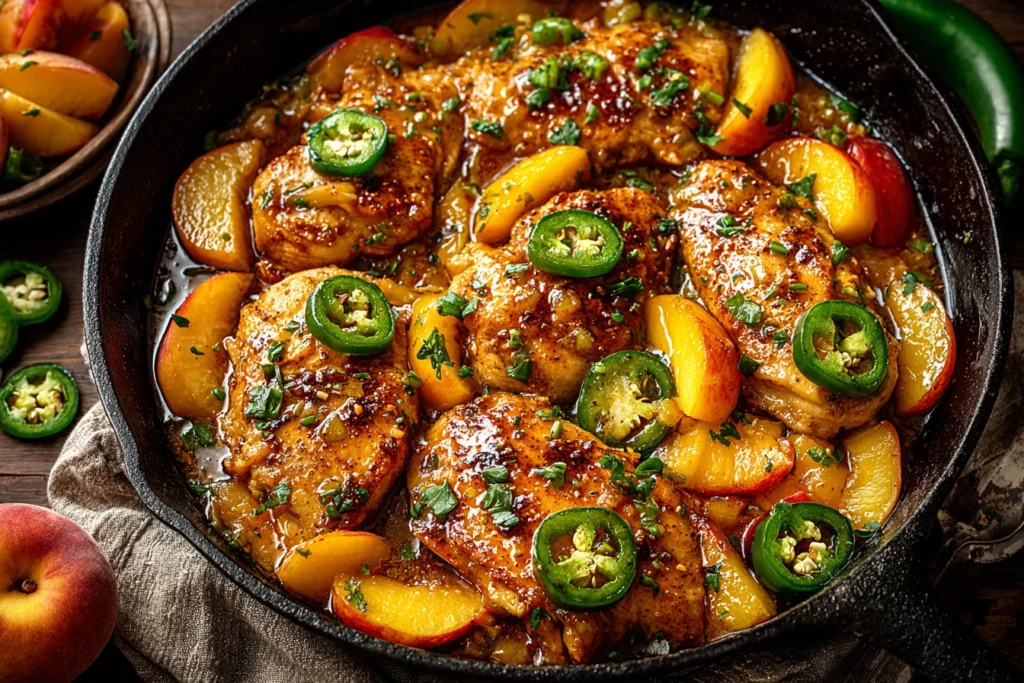 Jalapeno Peach Chicken in a cast iron skillet with peach slices, jalapeños, and rich peach glaze sauce