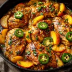 Jalapeno Peach Chicken in a cast iron skillet with peach slices, jalapeños, and rich peach glaze sauce