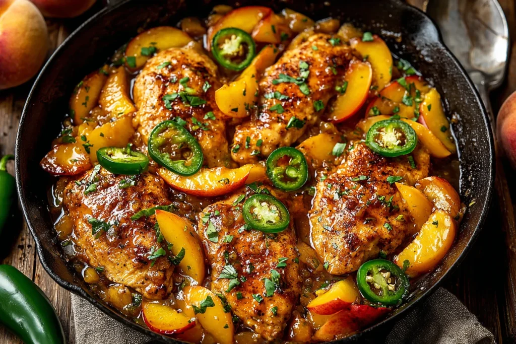 Jalapeno Peach Chicken skillet with juicy chicken thighs, fresh peaches, and sliced jalapeños in a glossy sweet spicy glaze