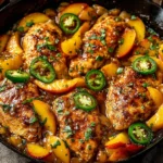 Jalapeno Peach Chicken skillet with juicy chicken thighs, fresh peaches, and sliced jalapeños in a glossy sweet spicy glaze