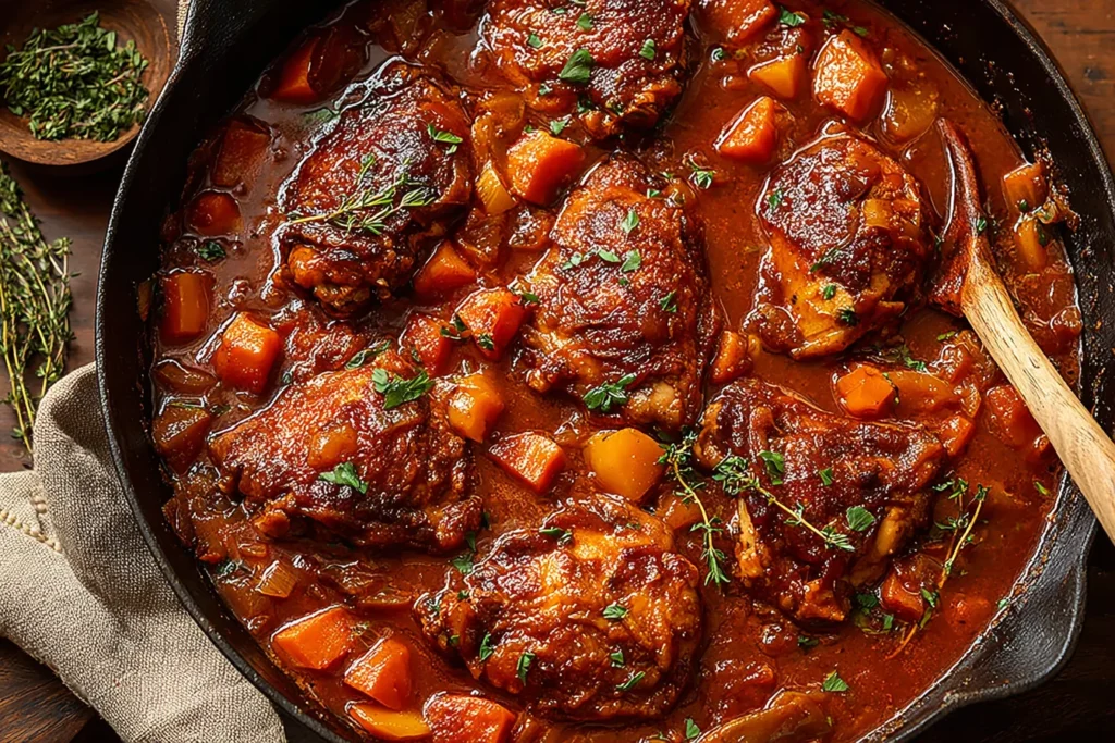 Homemade Jamaican Brown Stew Chicken cooking in a cast iron pan with vegetables and herbs