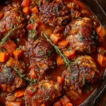 Jamaican Brown Stew Chicken simmering in rich Caribbean gravy with carrots and fresh thyme