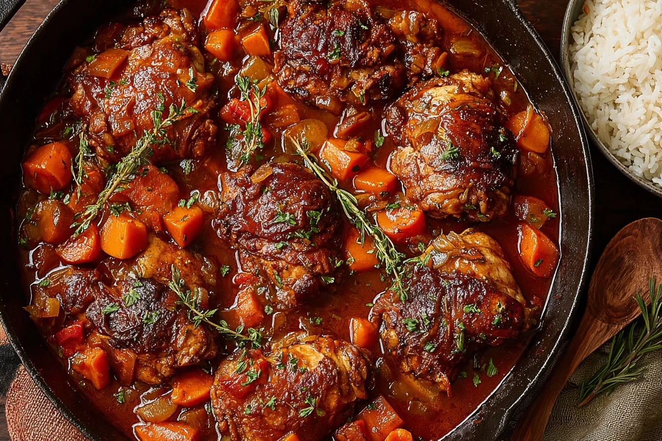 Jamaican Brown Stew Chicken simmering in rich Caribbean gravy with carrots and fresh thyme