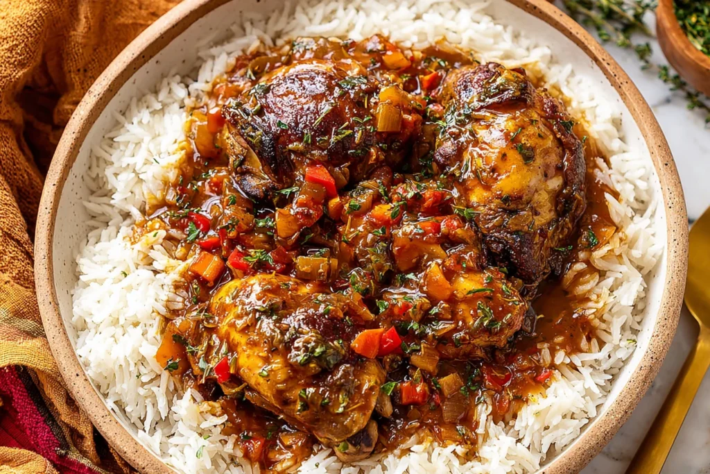 Jamaican Brown Stew Chicken served over white rice with savory brown gravy