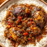 Jamaican Brown Stew Chicken served over white rice with savory brown gravy