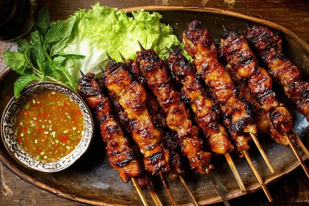 Grilled Thai Coconut Chicken Skewers with caramelized glaze served with dipping sauce and fresh lettuce