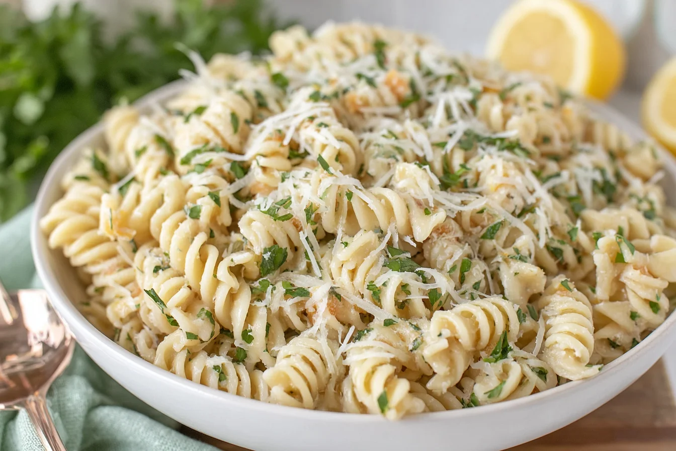 Creamy Lemon Parmesan Pasta Salad topped with shredded Parmesan and fresh parsley beside sliced lemons